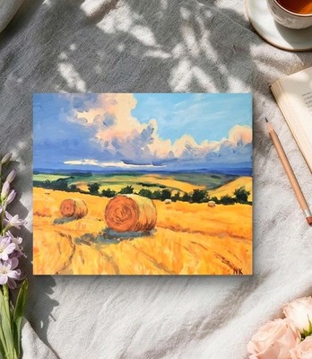 Original Acrylic Landscape Painting Wheat Field Hay Bales Rustic Farm Art