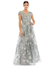 Mac Duggal 20294 Seamist Green Floral Embroidered Short Sleeve Gown Dress-Size 4