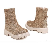 Fashion Womens Sequins Ankle Boots Side Zip Casual College Dress Western Shoes