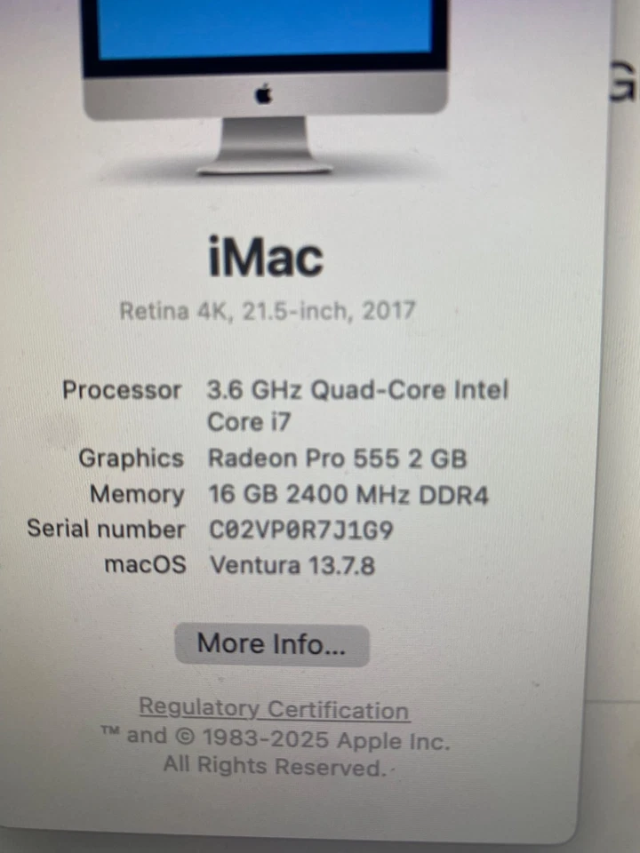 2017 iMac 21.5in A1418 MNE02LL/A i7 7th Gen 2.3Ghz 16GB RAM 32GB SSD+1TB HDD - Image 3 of 4