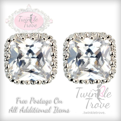 Pendientes de tachuelas de cristal cuadrado brillante o rubí plateado de 10 mm. Boda de novia. - Imagen 2 de 3