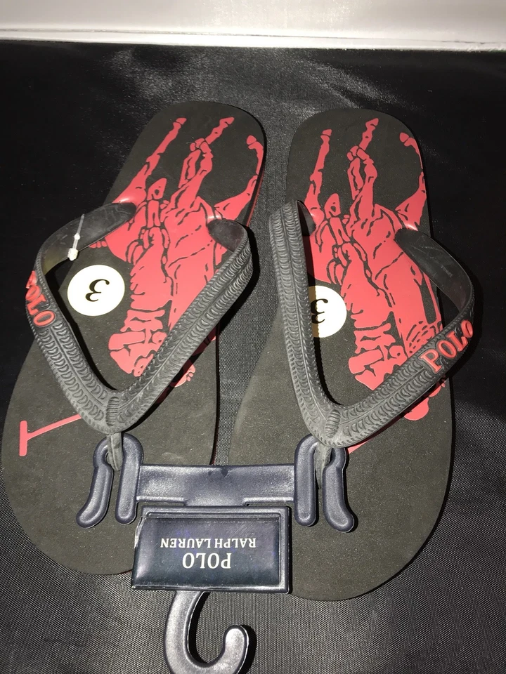 NUEVAS Chanclas Ralph Lauren Logo Negro y Rojo Niños Grandes Talla 2, 3, 4 Nuevas con Etiquetas Foto 3 de 4