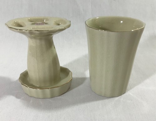 Soporte de cepillo de dientes de cerámica de pavo real floral de mediados de siglo y vaso de colección JAPÓN - Imagen 5 de 7