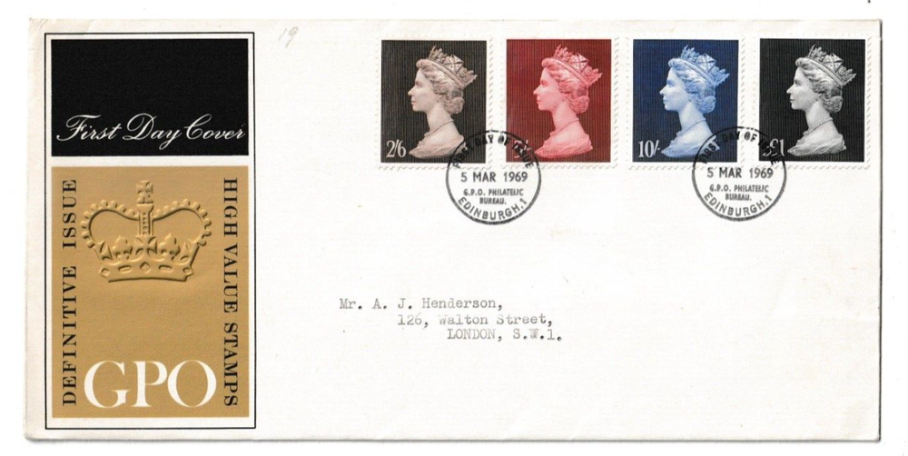 1969 UK GB High Values FDC Set GPO Cover Philatelic Bureau FDI Postmark