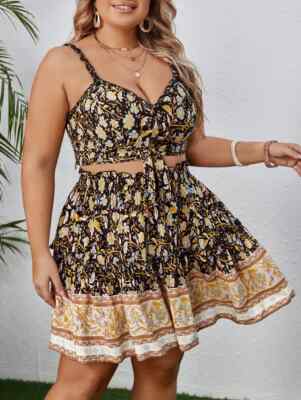 de-Orr ''1X (14)'', ''2X (16)'' Plus Floral Print Cami Top & Ruffle Hem Skirt