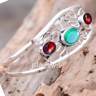 Mozambique Garnet & Green Onyx Gemstone 925 Sterling Silver Handcraft Bracelet