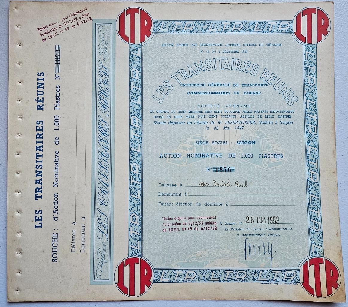 Indochina United Transitions Stock Certificate, 1953