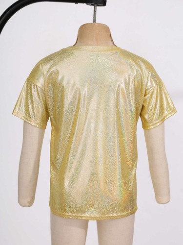 Girls Boys Shiny Metallic T-Shir Hip Hop Tops Stage Performance Cool Top Costume - Picture 8 of 42