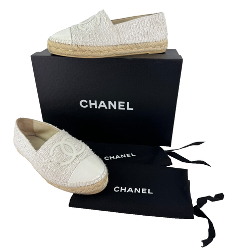 Chanel CC Auth 7 US 37 EU White Tweed Patent Logo Espadrilles Loafers Shoes Bag - Picture 4 of 14