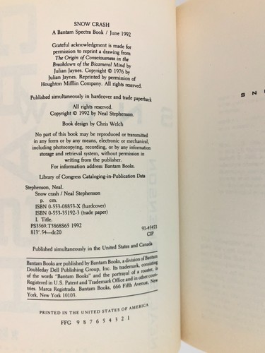 Snow Crash by Neal Stephenson 1st edition/first print trade paperback 1992 Good+ - Imagen 4 de 10