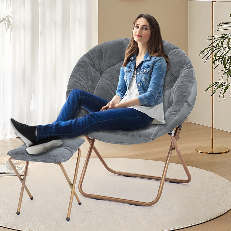 Blue Fuzzy Moon Chair Round Folding Faux Fur Saucer Chair