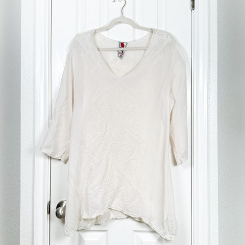 Johnny Was Womens Large Ivory Cream Embroidered 3/4 Sleeve Tunic Top Boho FLAW