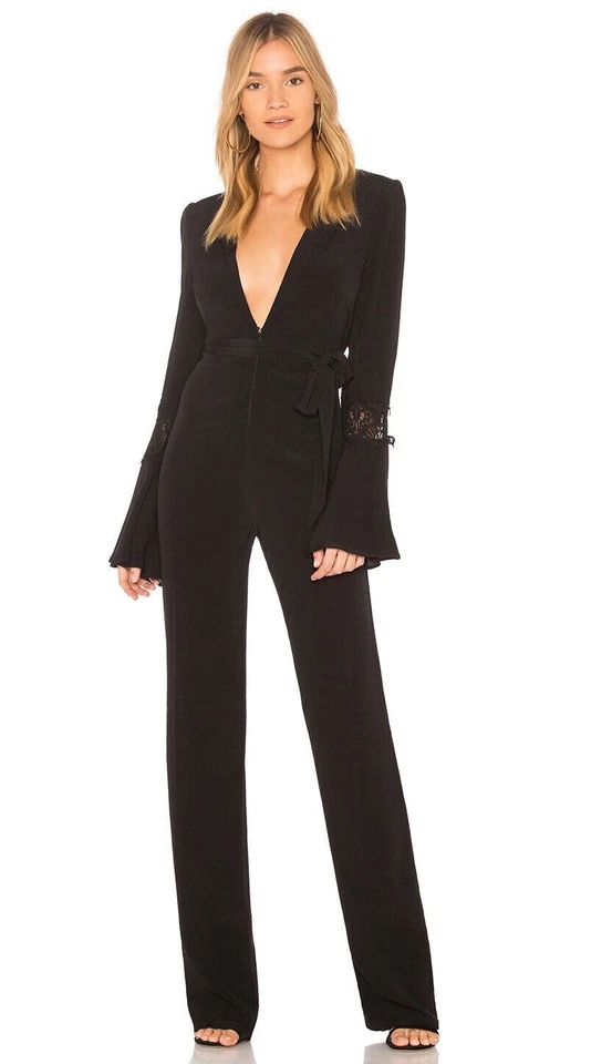 STONE COLD FOX Black STEVIE Jumpsuit Size 1 Deep V-Neck Long Sleeve Cocktail - Image 2 of 4