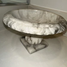 Vintage Italian Hand Carved ALABASTER MARBLE BIRD BATH 6.5”x4” Pedestal Bowl