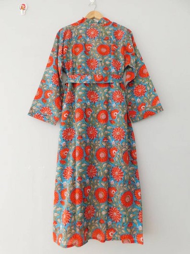 Hand Block Print Kimono Robe, Cotton Bathrobe, Lightweight Cotton Robes Women - Picture 3 of 3