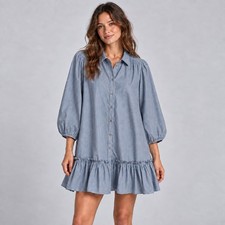 Anthropologie Blue Stripe Ruffle Shirt Dress Small Cotton Balloon Sleeve mini
