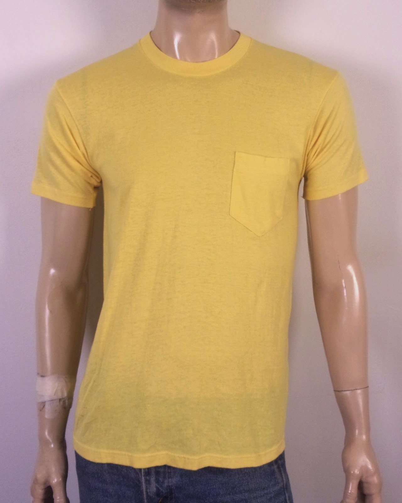 vintage 70s 80s single stitch Pocket T-Shirt Solid Yellow Soft Thin Punk SZ L