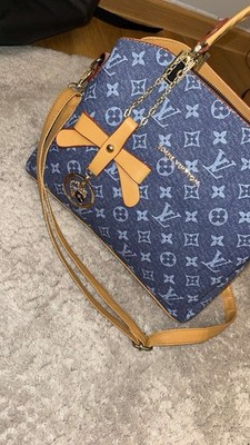 Damen Schultertasche Denim blau/beige Monogramm Reißverschluss, verstellbar