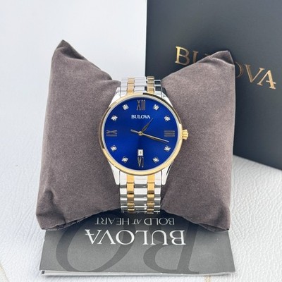 Bulova Men's Classic Diamond Blue Dial Two Tone Bracelet Quartz Watch 98D130
