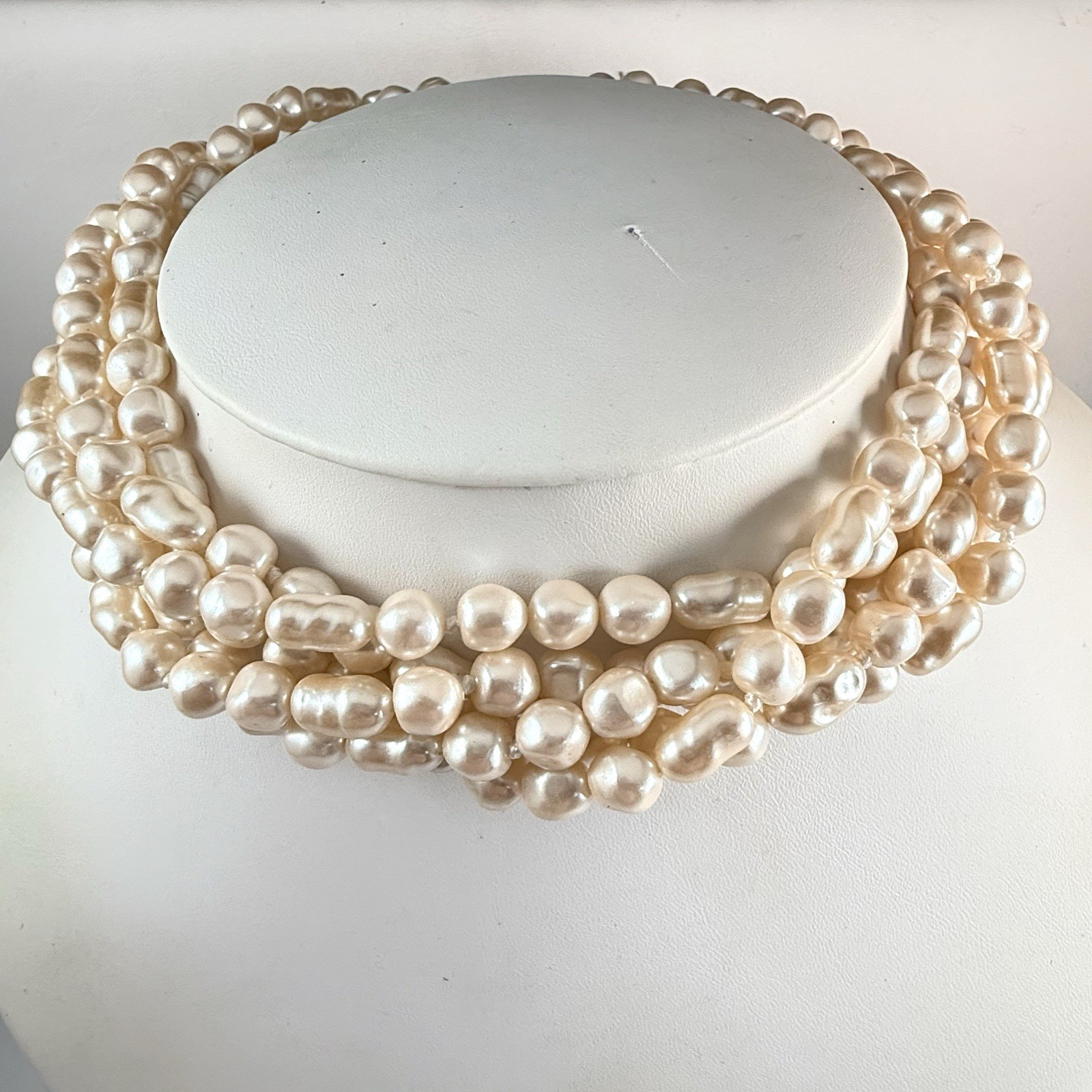 Vintage Twisted Multi Strand Faux Pearl Beaded Necklace Rhinestone Clasp 16