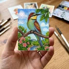 ACEO Original Art Card Bee Eater Rose Flower Bird Watercolor 100% Hand Painting