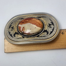 Vintage Western Belt Buckle Ornate Silver Gold Tone Agate Oval Stone Cabochon
