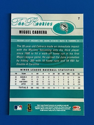 2003 Donruss Miguel Cabrera Marlins Baseball The Rookies Card #7 - Picture 2 of 2