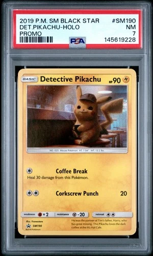 2019 POKEMON SM BLACK STAR PROMO #SM190 DETECTIVE PIKACHU-HOLO PSA 7