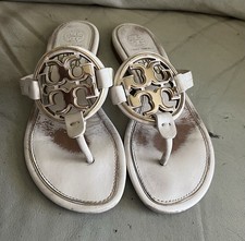Tory Burch Ladies Thong Style Leather Miller Sandals Ivory Gold Size 6.5