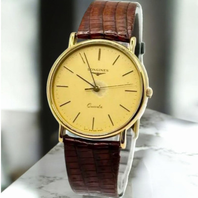Longines Quartz Gold Brown Leather Watch 3-Needle Men's Wristwatch