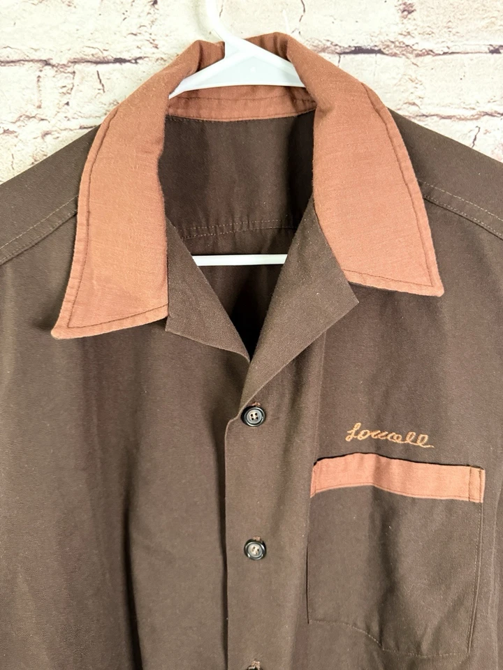 Vintage Gabardine Brown Embroidered Bowling Shirt Rockabilly L / XL - Image 4 of 4