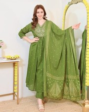 Women s Green Embroidered Anarkali Kurta Set Dupatta Elegant Festive S TO 3XL