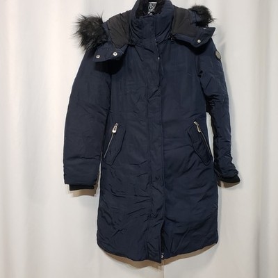 Noize Kristel Size XS Navy Vegan Parka Mid Length Puffer with Faux Fur Hood