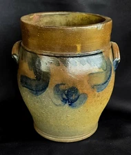 Antique 19th C Salt Glazed Redware Crock Cobalt Decoration Ear Handled 9-1/2"H