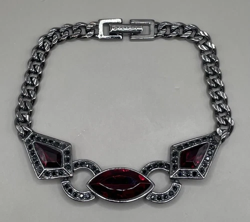 Givenchy Bracciale Donna Gunmetal Rosso Nero Cristalli Catena Maglia Cubana