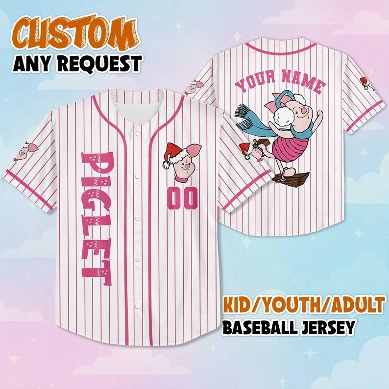 Personalized Cute Piglet Skiing Winnie The Pooh Christmas Baseball Jersey Shirt