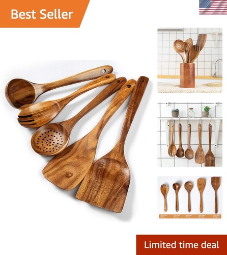Elegant 5-Piece Wooden Cooking Utensils Set with Spatula and Salad Fork