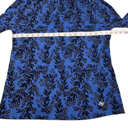 New Adrienne Vittadini Pullover Blouse Medium High Neck Floral Blue Black - Picture 8 of 12