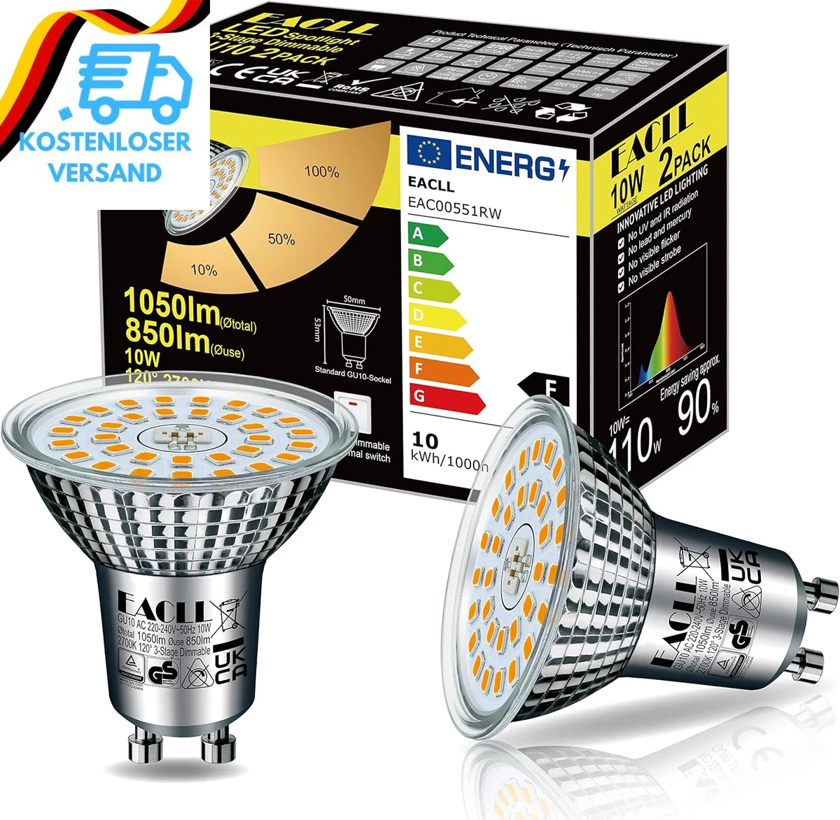 EACLL GU10 LED Warmweiss 10W 3-Stufen Dimmbar Über Lichtschalter, 2 Stück.  850 L