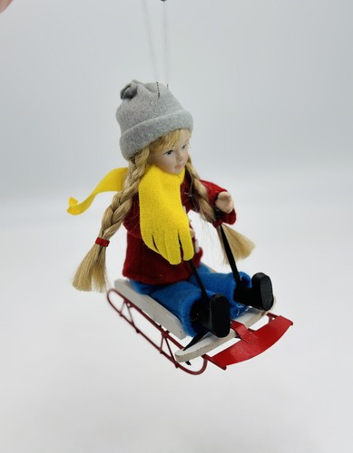 Christmas Girl Sleigh Wood Metal Sled Ornament 6x5” Porcelain Face Blonde Braids - Picture 10 of 10