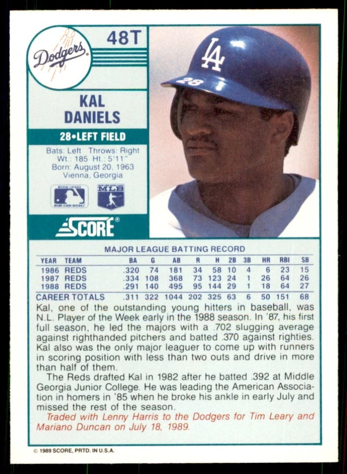 1989 Score Rookie & Traded- Kal Daniels Los Angeles Dodgers #48T - Image 2 of 2