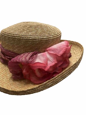 ERIC JAVITS HAT PINK WIDE BRIM STRAW SUN PACKABLE SQUISHEE USA Vintage Eric Javits‎ Squishee Packable Straw Hat Brown Pink Bow main image 2