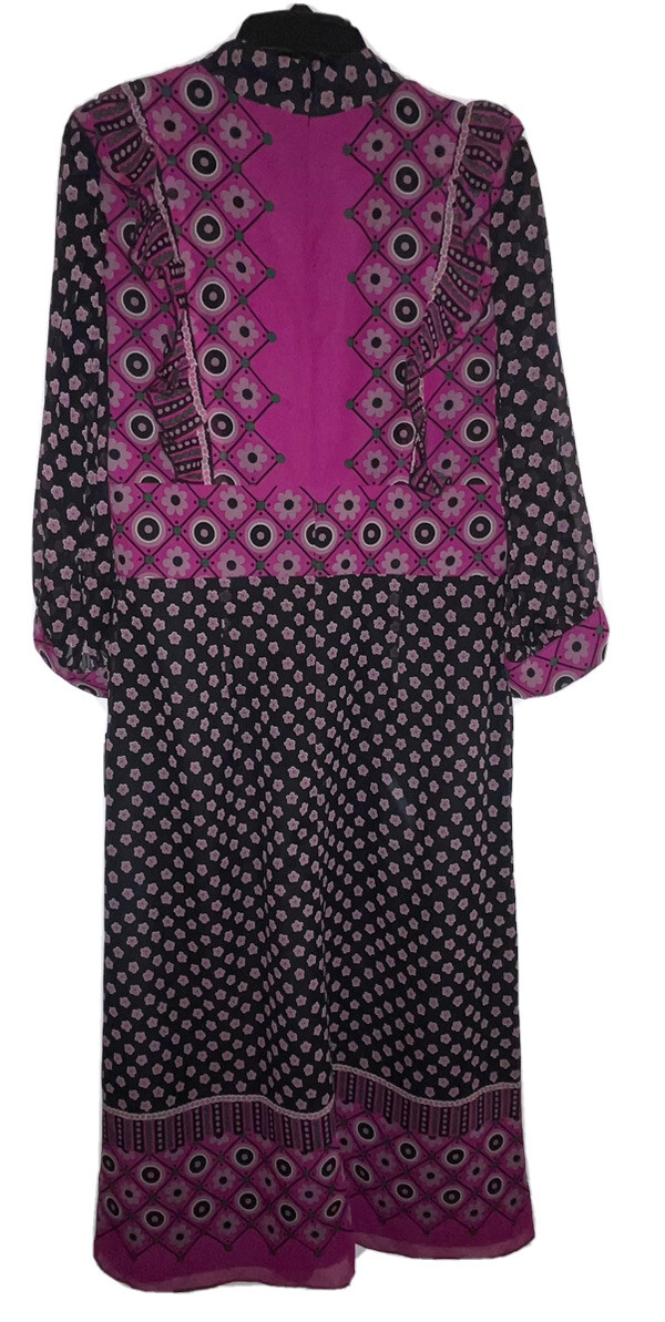 NWT Anna Sui Floral Black/Purple Ruffle Dress Retro Free People Midi sz 6