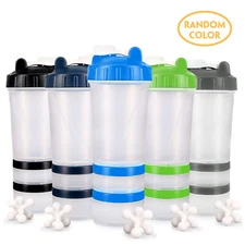 16 OZ  Shake Bottle Protein Powder Shaker Blender Gym Smoothie Cup two storage