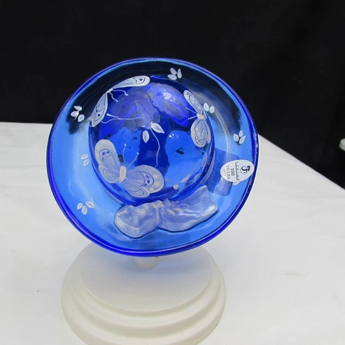 Fenton Cobalt Bye Bye Butterfly Hand Painted Hat with Stand Special Order LE W89