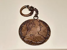 VINTAGE SOLID SILVER KEY CHAIN HOLDER WITH RESTRIKE COIN THALER MARIA THERESA