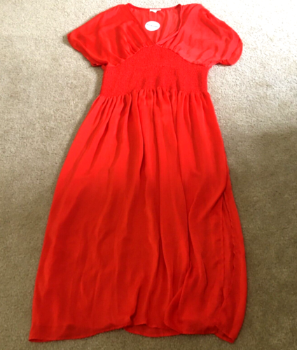 Haute Curve Womens Maxi Dress Sz 3XL Red V-Neck Smocked Short Sleeve NWT