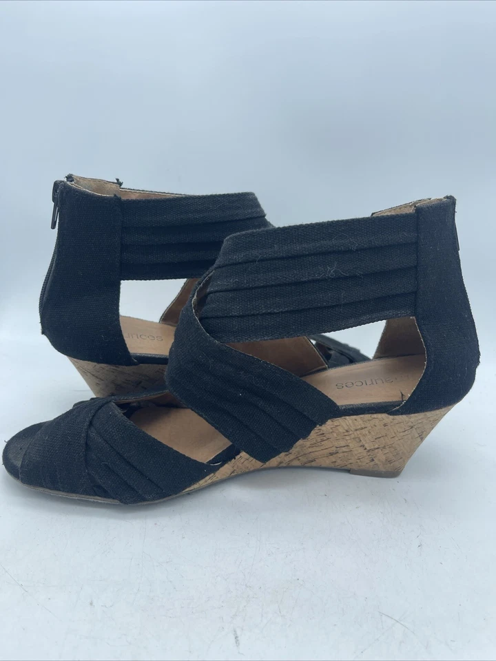 Tacones de cuña cruzados Ricki Criss talla 10 para mujer Maurices tela negra cremallera trasera Foto 3 de 4