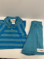 Grey Sun by Ruffle Girls boutique Boys Short Set Teal /Blue Strip Sz 24 Mon EUC