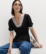 SIZE 8 to 20 Ex M&S Black Lace Insert V-Neck Bow Detail Short Sleeve Top